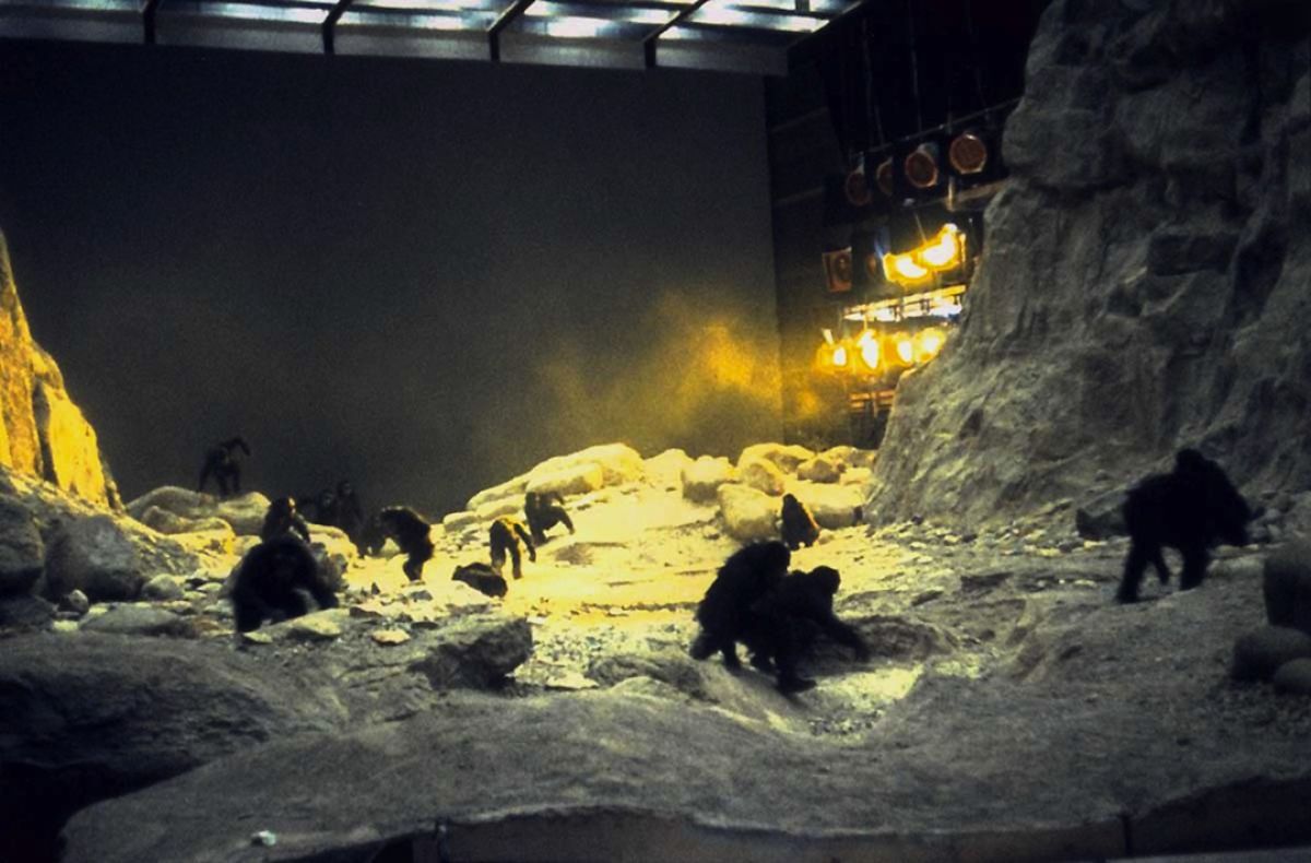 Filming the “Dawn of Man” sequence on stage for 2001: A Space Odyssey (1968), utilizing front projection.