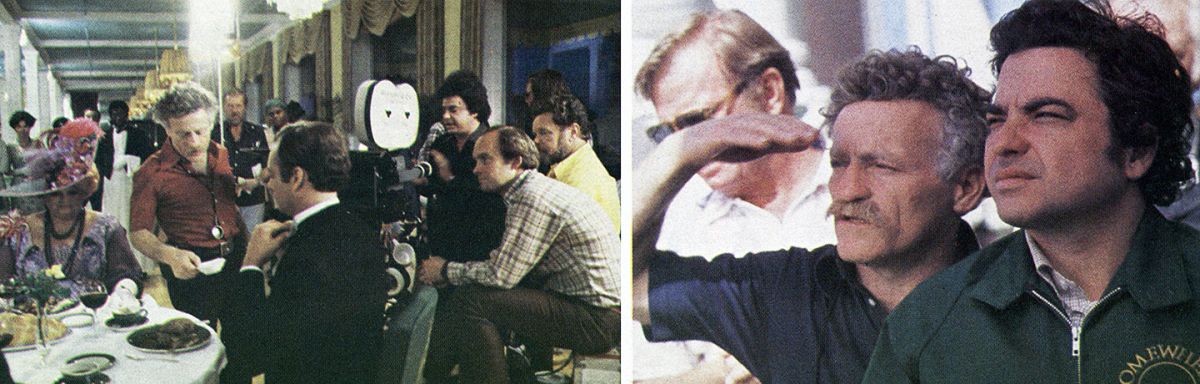 On the left, Mankofsky and his team set up on location in the Grand Hotel. On the right, the cinematographer and director plot their next shot.